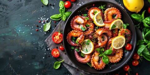 Savory Octopus Dish Accompanied by Lemon and Cherry Tomatoes