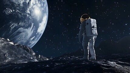 Wall Mural - Astronaut Neil Armstrong, spacewalk on the Moon surface watching planet Earth from space. 