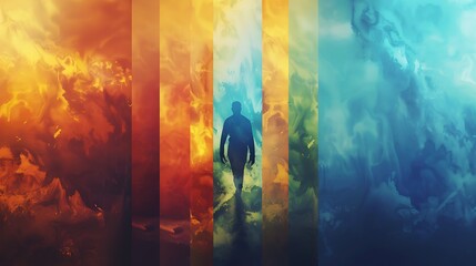 Poster - silhouette of a man is walking through a vibrant and abstract passage, creating a dreamy and surreal