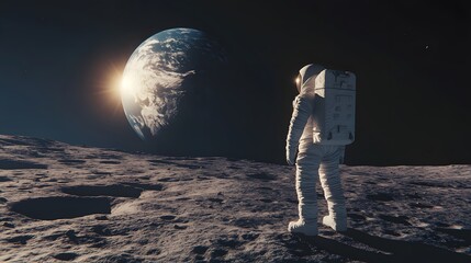 Wall Mural - Astronaut Neil Armstrong, spacewalk on the Moon surface watching planet Earth from space. 