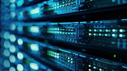 Poster - Server rack with blinking lights, symbolizing data storage, processing, and the flow of information in a modern data center
