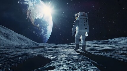 Wall Mural - Astronaut Neil Armstrong, spacewalk on the Moon surface watching planet Earth from space. 