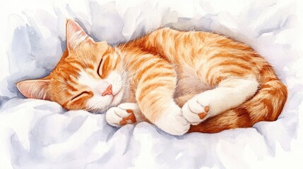 Poster - A peaceful orange tabby cat sleeping soundly on a soft white bedspread during a sunny afternoon. Generative AI