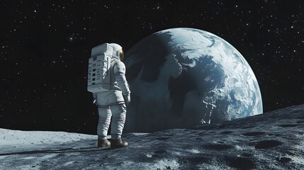 Wall Mural - Astronaut Neil Armstrong, spacewalk on the Moon surface watching planet Earth from space. 