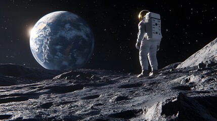 Wall Mural - Astronaut Neil Armstrong, spacewalk on the Moon surface watching planet Earth from space. 