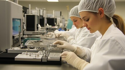 Wall Mural - Laboratory technicians working diligently on electronic components in a modern research facility during a busy afternoon shift