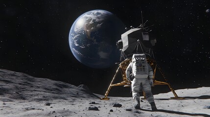 Wall Mural - Astronaut Neil Armstrong, spacewalk on the Moon surface watching planet Earth from space. 
