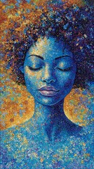 Wall Mural -  A painting of a woman's face with closed eyes against a starry background