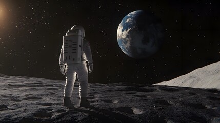 Wall Mural - Astronaut Neil Armstrong, spacewalk on the Moon surface watching planet Earth from space. 