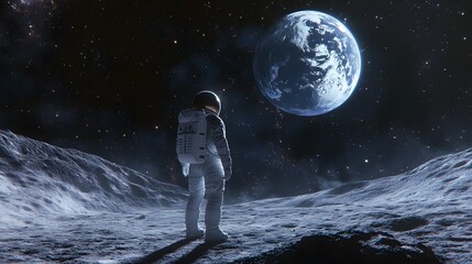 Wall Mural - Astronaut Neil Armstrong, spacewalk on the Moon surface watching planet Earth from space. 