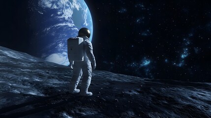 Wall Mural - Astronaut Neil Armstrong, spacewalk on the Moon surface watching planet Earth from space. 