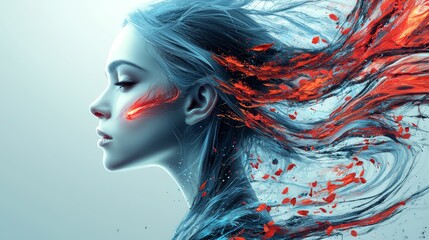 Wall Mural -  A woman with wind-blown hair and blood splatter on her face