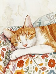 Poster - A peaceful orange cat sleeping soundly on a floral bedspread in a cozy, bright setting, enjoying a serene moment of rest. Generative AI