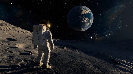 Wall Mural - Astronaut Neil Armstrong, spacewalk on the Moon surface watching planet Earth from space. 
