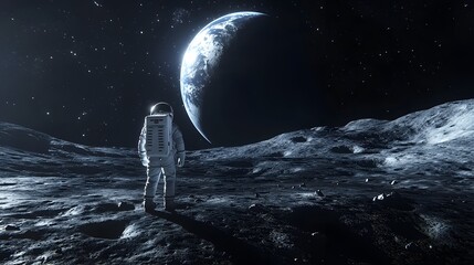 Wall Mural - Astronaut Neil Armstrong, spacewalk on the Moon surface watching planet Earth from space. 