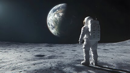 astronaut neil armstrong, spacewalk on the moon surface watching planet earth from space.