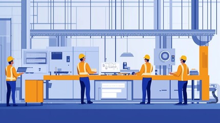 Poster - workers collaborate in a manufacturing facility using technology to streamline production in a moder