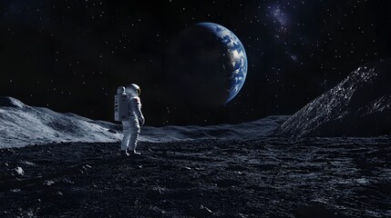 Wall Mural - Astronaut Neil Armstrong, spacewalk on the Moon surface watching planet Earth from space. 