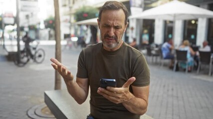 Sticker - Middle aged hispanic man looking frustrated at his smartphone while sitting outdoors in a busy urban street