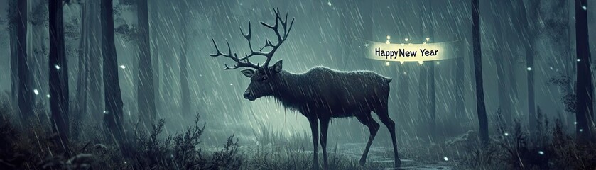 Poster - A mystical deer stands in a foggy forest, surrounded by glowing lights, creating a serene and magical atmosphere.