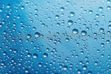 Poster - Water droplets on a glass surface with a blue background. Close-up view of clear liquid beads on transparent material. Blue color of background creates a calming atmosphere.