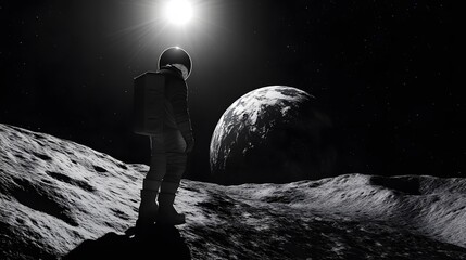 Wall Mural - Astronaut Neil Armstrong, spacewalk on the Moon surface watching planet Earth from space. 