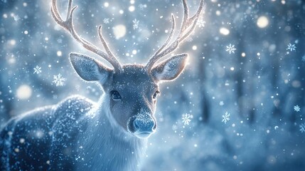 Poster - A serene deer stands amidst softly falling snow, capturing the beauty of winter in a tranquil forest setting.