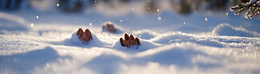 Poster - Close-up of animal tracks in fresh snow, surrounded by a serene winter landscape. Captivating nature detail in a tranquil setting.