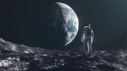 Wall Mural - Astronaut Neil Armstrong, spacewalk on the Moon surface watching planet Earth from space. 