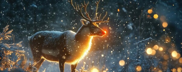 Poster - A majestic reindeer stands in a snowy landscape, illuminated by soft golden lights and surrounded by falling snowflakes.