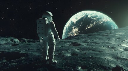 Wall Mural - Astronaut Neil Armstrong, spacewalk on the Moon surface watching planet Earth from space. 