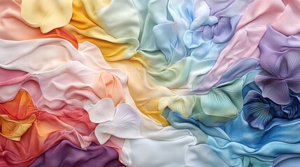 Colorful silky fabric textures in soft pastel hues, creating a smooth pattern.