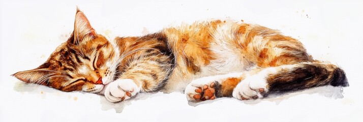 Poster - A peaceful cat resting soundly on a bedspread with a white background during a quiet afternoon. Generative AI