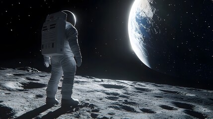 Wall Mural - Astronaut Neil Armstrong, spacewalk on the Moon surface watching planet Earth from space. 