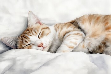 Poster - A peaceful orange tabby cat sleeping soundly on a soft bedspread with a white background. Generative AI