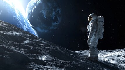 Wall Mural - Astronaut Neil Armstrong, spacewalk on the Moon surface watching planet Earth from space. 