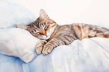 Poster - A cozy tabby cat peacefully sleeping on a soft bedspread in a tranquil white setting during the afternoon. Generative AI