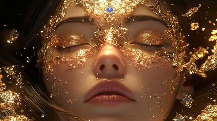 Wall Mural -  A close-up of a woman's face adorned with gold glitter Her eyes are closed