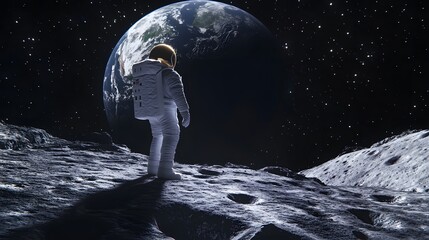 Wall Mural - Astronaut Neil Armstrong, spacewalk on the Moon surface watching planet Earth from space. 