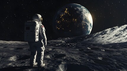 Wall Mural - Astronaut Neil Armstrong, spacewalk on the Moon surface watching planet Earth from space. 