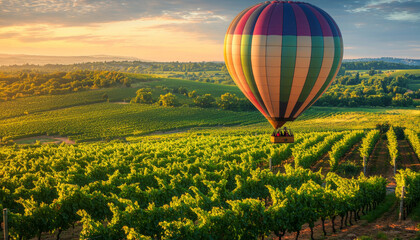 Wall Mural - A vibrant hot air balloon floats over lush vineyards at sunset, showcasing the beauty of nature and leisure travel.