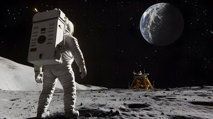 Wall Mural - Astronaut Neil Armstrong, spacewalk on the Moon surface watching planet Earth from space. 