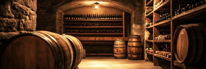 Poster - Exploring a rustic wine cellar with wooden barrels and shelves overflowing with bottles at dusk. Generative AI