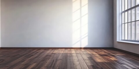 Poster - sunlit empty room with large window and wood floor