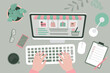 © Marina - Woman is shopping at online store. Workspace with computer, lamp and planner. Top view. Online shopping concept. Marketplace app on display screen. Woman hands on keyboard. .