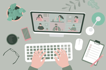 Wall Mural - Businessman have an online meeting. Top view work place at home, conversation and communication online. Webinar and conference by video screen, working remotely.