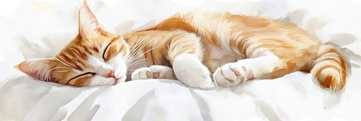 Aufkleber - Calm orange tabby cat sleeps peacefully on soft white bedspread during a sunny afternoon. Generative AI