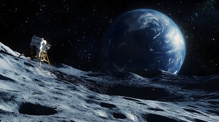 Wall Mural - Astronaut Neil Armstrong, spacewalk on the Moon surface watching planet Earth from space. 