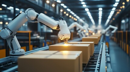 Poster - robotic arms sorting packages on a conveyor belt in a modern warehouse during daytime operations