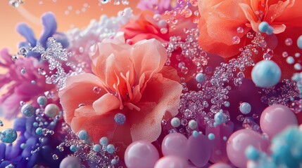 Wall Mural -  A tight shot of various blooms against a pink-blue backdrop, adorned with bubbles on their petals